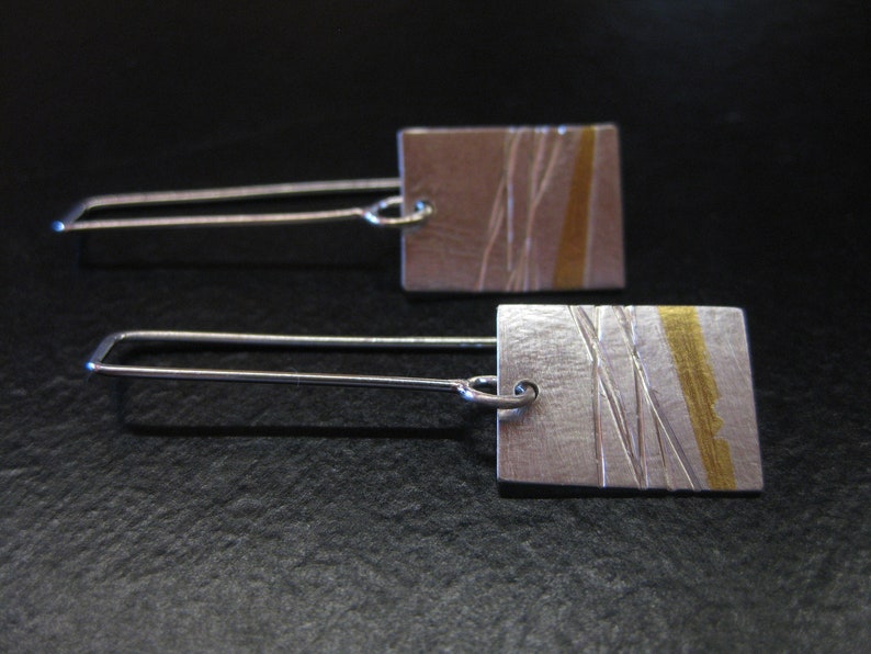 Long Rectangle Dangle Earrings Gold and Silver Earrings Long Drop 24kt Silver Earrings Handmade and Unique Long Keum Boo Earrings