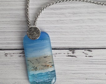 Fused Glass Pendant | OOAK | Beach Ocean Pendant | Handpainted Pendant | Abstract Pendant | Handmade Sterling Silver Setting | Unique