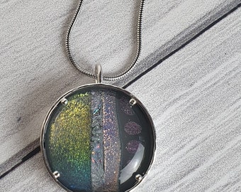 Dichroic Glass Pendant | OOAK | Gorgeous Greys Pinks Blues Dichroic Mosiac Strip Penant | Set in Handmade Sterling Silver Setting | Unique