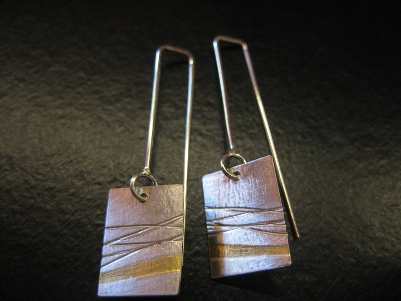 Long Rectangle Dangle Earrings Gold and Silver Earrings Long Drop 24kt Silver Earrings Handmade and Unique Long Keum Boo Earrings