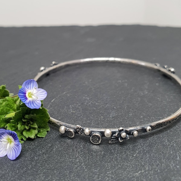 Handmade Silver Bangle | Flowers & Pebbles | OOAK Delicate Bangle Oxidized for a Darker Side | Gift for Her | Flower Bangle | Stacker Bangle