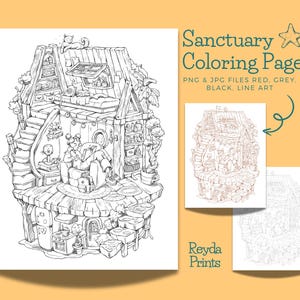 May include: Black and white line art coloring page of a whimsical house with a person sitting inside reading a book. The house has a spiral staircase, a fireplace, and a window with a view of the outside. The text "Sanctuary Coloring Page" is at the top of the page.