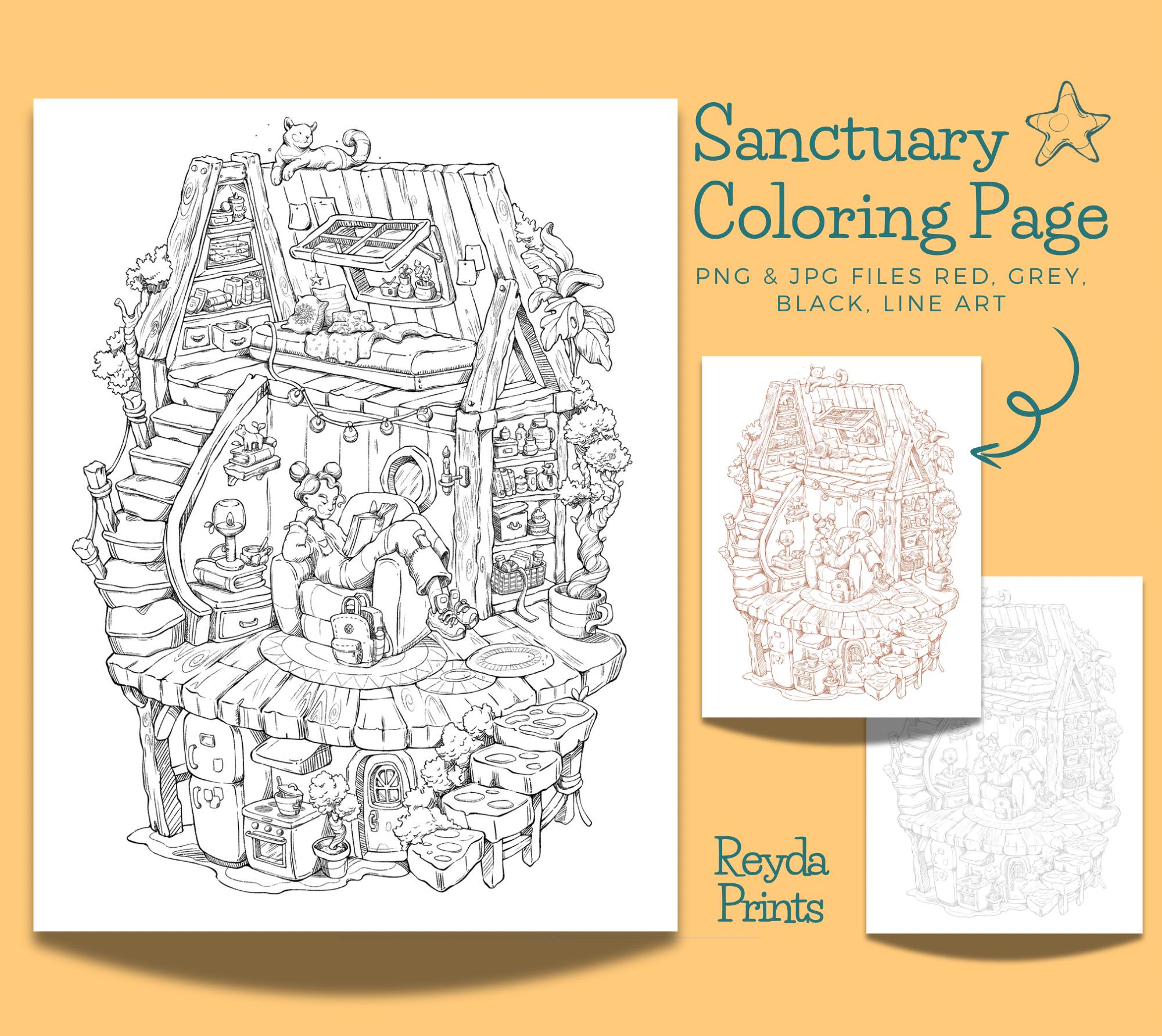 Sanctuary Coloring Page Digital Print – Cozy Magical Interior Hand-Drawn Illustration (Letter Size, 300 DPI) - Image 1