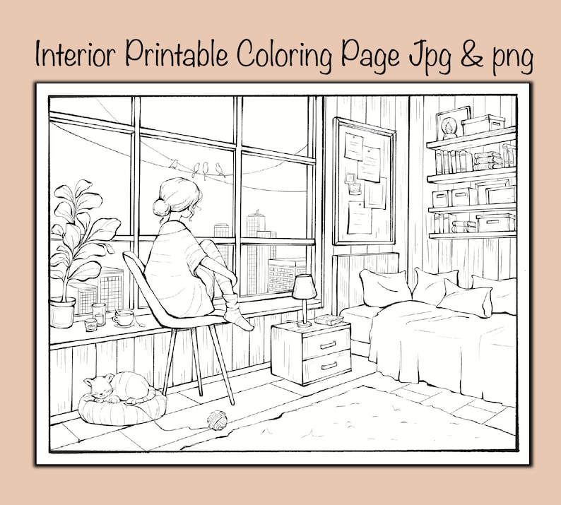 Interior Bedroom Coloring Printable Page Cozy Room Detailed Etsy