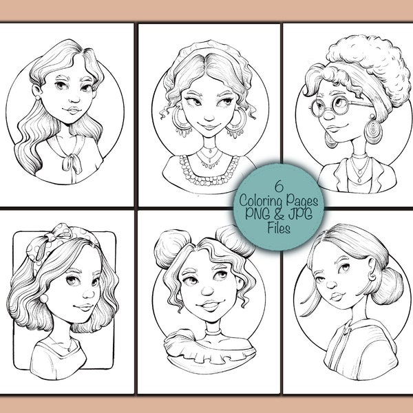 Girls Portrait Coloring Pages, Stylized Portraits, Letter Size, Procreate, By Reydaprints