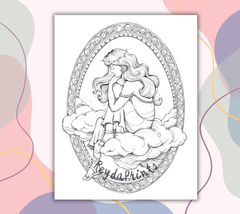 Puede incluir: Un dibujo en blanco y negro de una mujer con el pelo largo sentada en una nube. Lleva una corona y un vestido. El dibujo est&aacute; enmarcado en un &oacute;valo adornado.