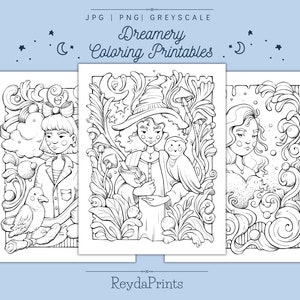 Dreamery Fantasy Coloring Printables, Magical, Girls, Procreate, 3 Pages, Letter Size, Reydaprints