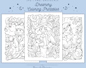 Puede incluir: Tres páginas para colorear en blanco y negro con ilustraciones caprichosas de una niña con un pájaro, una bruja con un búho y una niña con un corazón. Las ilustraciones están rodeadas de intrincados patrones florales y geométricos.