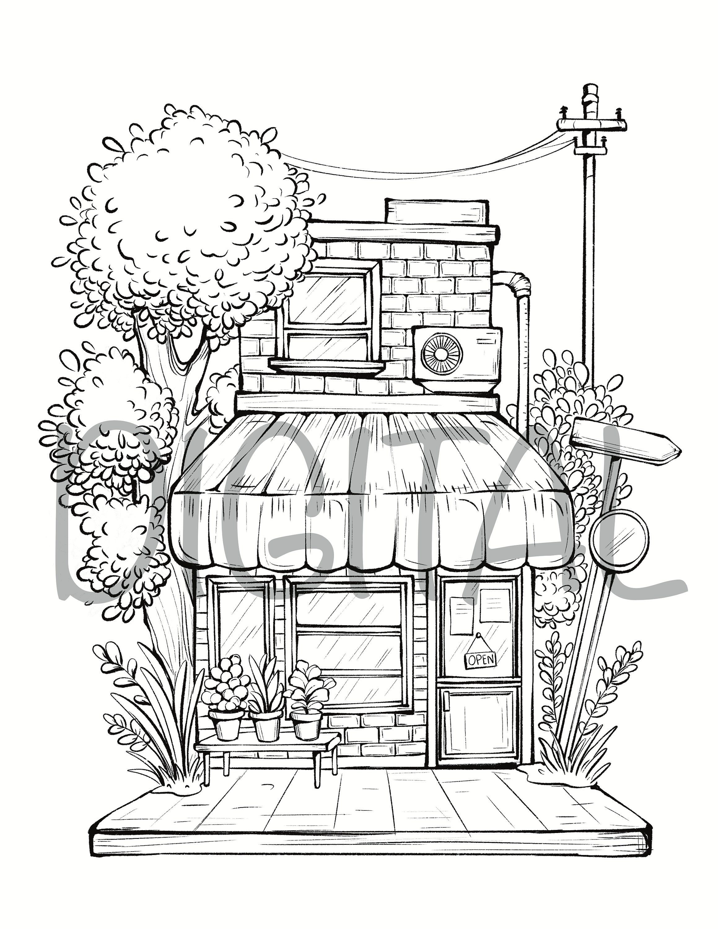 Storefronts Buildings Coloring Pages, Architecture, Procreate, Letter ...