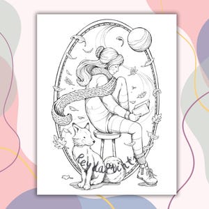 Puede incluir: Ilustraci&oacute;n en blanco y negro de l&iacute;nea de una mujer sentada en un taburete con un zorro a su lado. La mujer lleva una bufanda y sostiene un libro. La ilustraci&oacute;n est&aacute; enmarcada en un c&iacute;rculo con hojas y una luna creciente.