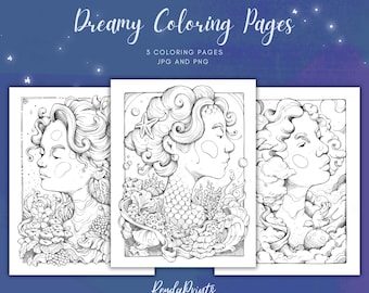 Puede incluir: Tres páginas para colorear en blanco y negro que presentan dibujos de línea detallados de rostros de mujeres con peinados intrincados. La primera página representa a una mujer con cola de sirena, la segunda página muestra a una mujer con un peinado en forma de nube y la tercera página presenta a una mujer con un peinado fluido.