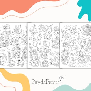 May include: A set of three black and white coloring pages featuring whimsical illustrations of houses, mushrooms, and other fantastical elements. The pages are perfect for adults and children who enjoy creative expression.