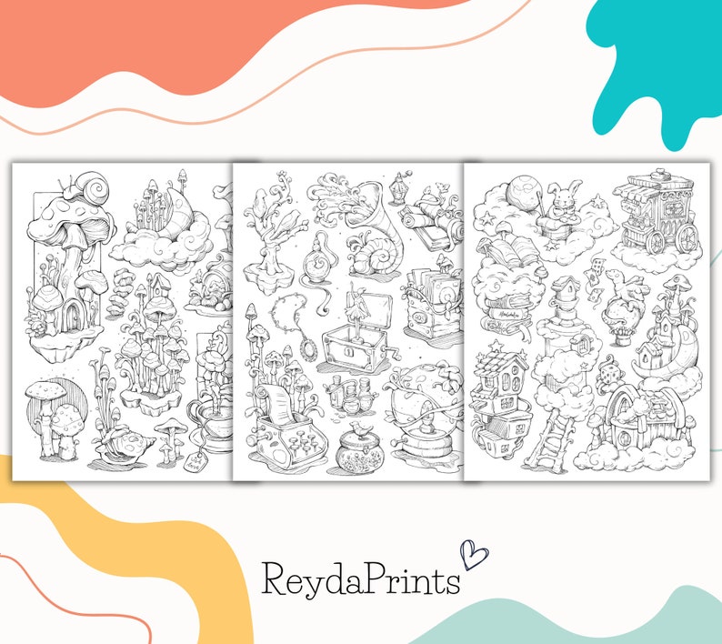 May include: A set of three black and white coloring pages featuring whimsical illustrations of houses, mushrooms, and other fantastical elements. The pages are perfect for adults and children who enjoy creative expression.