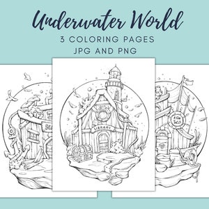 Peut inclure: Trois pages &agrave; colorier en noir et blanc repr&eacute;sentant des sc&egrave;nes sous-marines. La premi&egrave;re page montre un b&acirc;timent avec un phare au sommet et les mots "Biblioth&egrave;que" sur la fa&ccedil;ade. La deuxi&egrave;me page montre un b&acirc;timent avec les mots "Coquillages marins" sur la fa&ccedil;ade. La troisi&egrave;me page montre un b&acirc;timent avec les mots "Tacos de poisson" sur la fa&ccedil;ade.