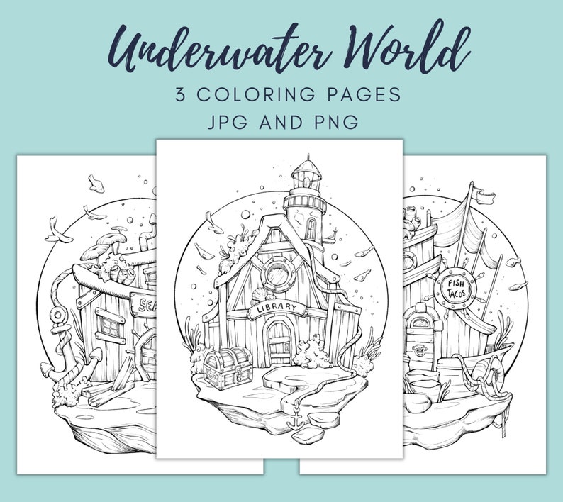 Peut inclure: Trois pages &agrave; colorier en noir et blanc repr&eacute;sentant des sc&egrave;nes sous-marines. La premi&egrave;re page montre un b&acirc;timent avec un phare au sommet et les mots "Biblioth&egrave;que" sur la fa&ccedil;ade. La deuxi&egrave;me page montre un b&acirc;timent avec les mots "Coquillages marins" sur la fa&ccedil;ade. La troisi&egrave;me page montre un b&acirc;timent avec les mots "Tacos de poisson" sur la fa&ccedil;ade.