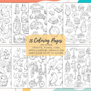 Coloring Pages Printables, 15 Pages Bundle, Practice Sheets, Flowers, Furniture, Cars, Houses, Bikes, Food