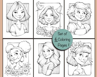 Páginas para colorear estilizadas de retratos de niñas, tamaño carta, Procreate, por Reydaprints