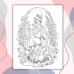 Puede incluir: Ilustraci&oacute;n en blanco y negro de una mujer sentada en un taburete, leyendo un libro con una lupa. Est&aacute; rodeada de flores en jarrones y otros objetos decorativos. El texto "key dapprin" est&aacute; escrito debajo de ella.