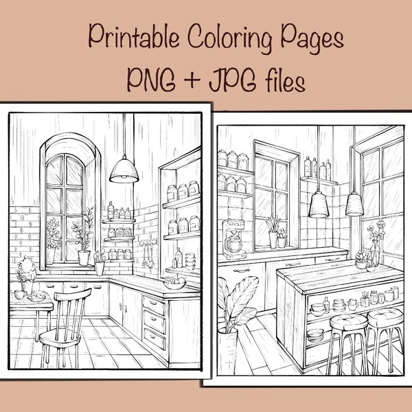 Interior Kitchen Coloring Printables, Cozy, Room, House, Detailed, Letter Size, Procreate ,Reydaprints