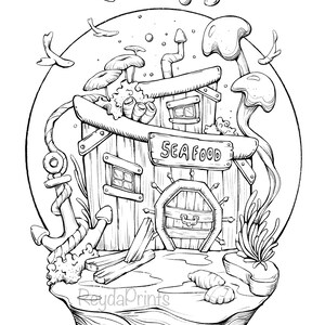 Peut inclure: Un dessin au trait noir et blanc d'un b&acirc;timent de restaurant de fruits de mer fantaisiste avec une enseigne qui indique "SEAFOOD". Le b&acirc;timent est d&eacute;cor&eacute; d'&eacute;l&eacute;ments nautiques comme une ancre, un gouvernail et une corde. Le b&acirc;timent est entour&eacute; d'algues et d'autres plantes sous-marines.