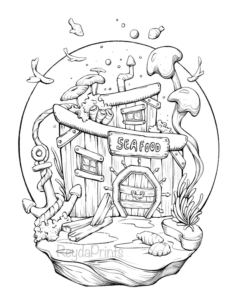 Peut inclure: Un dessin au trait noir et blanc d'un b&acirc;timent de restaurant de fruits de mer fantaisiste avec une enseigne qui indique "SEAFOOD". Le b&acirc;timent est d&eacute;cor&eacute; d'&eacute;l&eacute;ments nautiques comme une ancre, un gouvernail et une corde. Le b&acirc;timent est entour&eacute; d'algues et d'autres plantes sous-marines.