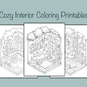 Interior Isometric Coloring Printables, Cozy Living room, Bedroom, Kitchen, Procreate, Jpg Png, Letter Size