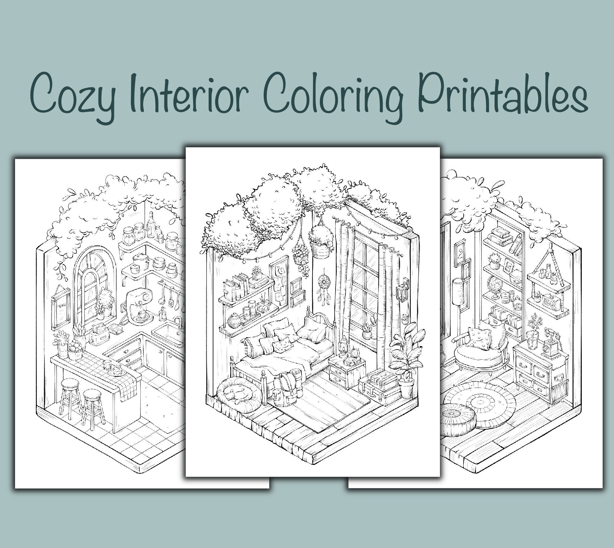 Pocket Room Coloring Pages Isometric Interior Cute Coloring Pages Adult  Coloring Book PDF Printable Instant Download Grayscale Relaxing Book 