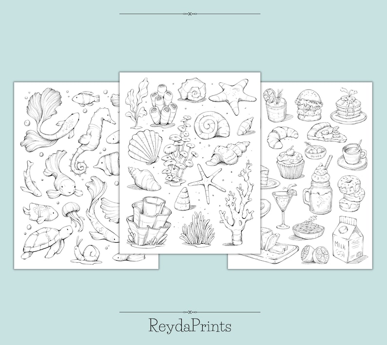 May include: Three black and white printable coloring pages featuring various illustrations. The first page features sea creatures like fish, seahorses, jellyfish, and a turtle. The second page features sea life like coral, seashells, starfish, and seaweed. The third page features food and drink items like cupcakes, donuts, pizza, and a glass of milk.