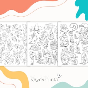 May include: Three black and white coloring pages featuring various illustrations. The first page features flowers and butterflies. The second page features food and drink items. The third page features a bicycle, a wagon, and a carriage.