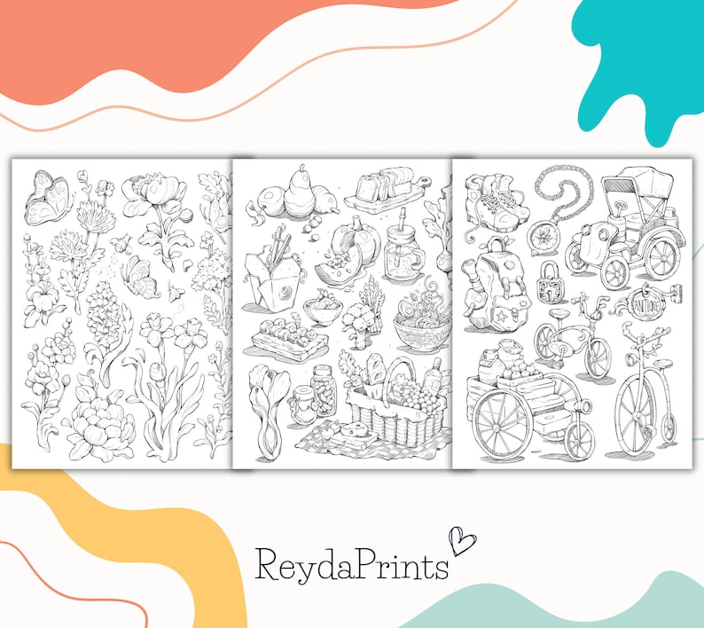 May include: Three black and white coloring pages featuring various illustrations. The first page features flowers and butterflies. The second page features food and drink items. The third page features a bicycle, a wagon, and a carriage.