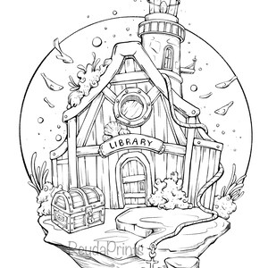 Peut inclure: Un dessin au trait noir et blanc d'un phare avec une pancarte indiquant "LIBRARY" au-dessus d'une porte en bois. Le phare est sur un rocher entour&eacute; d'algues et de poissons. Il y a un coffre au tr&eacute;sor devant le phare.