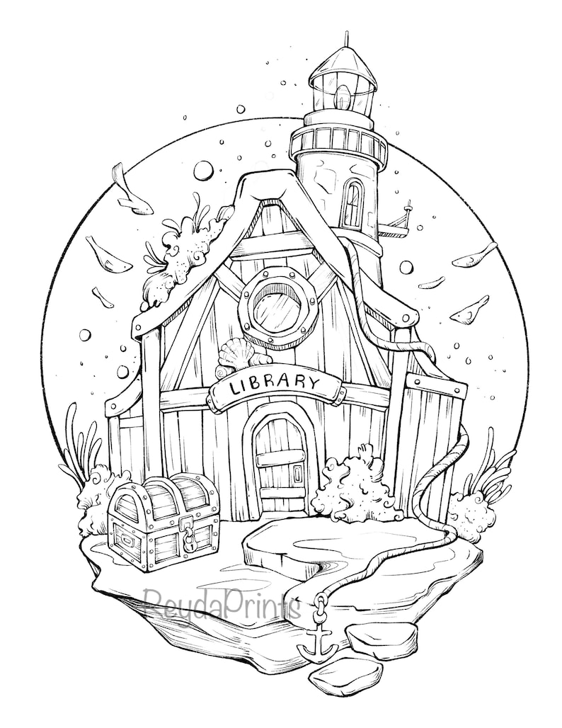 Peut inclure: Un dessin au trait noir et blanc d'un phare avec une pancarte indiquant "LIBRARY" au-dessus d'une porte en bois. Le phare est sur un rocher entour&eacute; d'algues et de poissons. Il y a un coffre au tr&eacute;sor devant le phare.