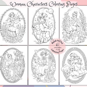 Puede incluir: Seis p&aacute;ginas para colorear en blanco y negro con mujeres en varias poses. Cada p&aacute;gina est&aacute; enmarcada con un borde decorativo e incluye detalles intrincados. Las p&aacute;ginas se titulan "Woman Characters Coloring Pages" y "Handcrafted 6 JPG/PNG Files Coloring Pages".