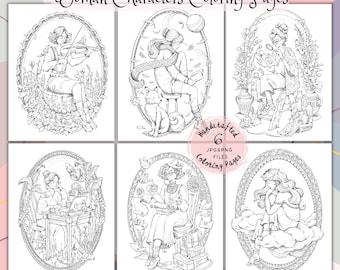 May include: Six black and white coloring pages featuring women in various poses. Each page is framed with a decorative border and includes intricate details. The pages are titled "Woman Characters Coloring Pages" and "Handcrafted 6 JPG/PNG Files Coloring Pages".