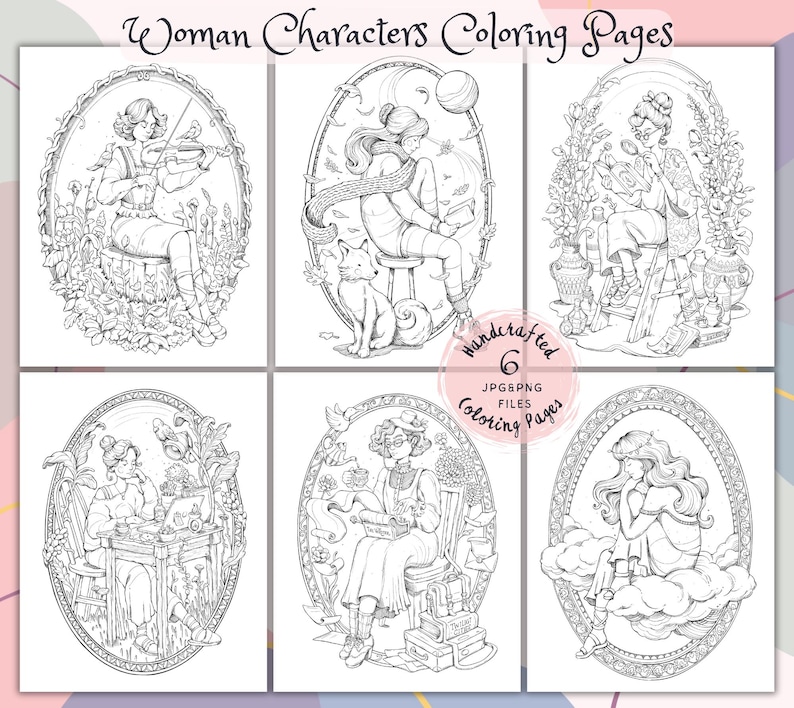 Puede incluir: Seis p&aacute;ginas para colorear en blanco y negro con mujeres en varias poses. Cada p&aacute;gina est&aacute; enmarcada con un borde decorativo e incluye detalles intrincados. Las p&aacute;ginas se titulan "Woman Characters Coloring Pages" y "Handcrafted 6 JPG/PNG Files Coloring Pages".