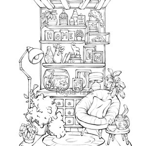 Cozy Spaces Interiors, Coloring Pages Printables, Rooms, Procreate, Png