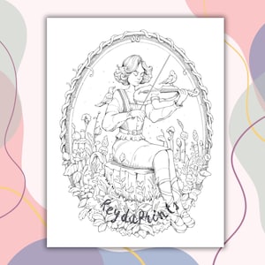 Puede incluir: Ilustraci&oacute;n en blanco y negro de una mujer tocando el viol&iacute;n en un entorno de jard&iacute;n. La mujer lleva un vestido largo y tiene el pelo recogido hacia atr&aacute;s. Est&aacute; rodeada de flores y plantas. El texto "Leyda Prints" est&aacute; en la parte inferior de la imagen.