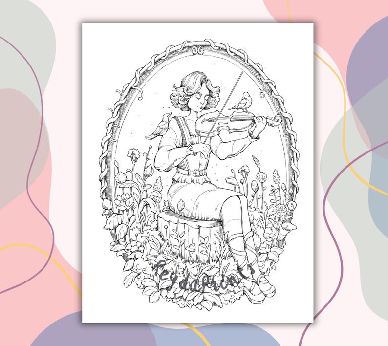Puede incluir: Ilustraci&oacute;n en blanco y negro de una mujer tocando el viol&iacute;n en un entorno de jard&iacute;n. La mujer lleva un vestido largo y tiene el pelo recogido hacia atr&aacute;s. Est&aacute; rodeada de flores y plantas. El texto "Leyda Prints" est&aacute; en la parte inferior de la imagen.