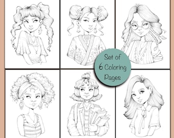 Páginas para colorear de retratos de niñas, retratos de niñas estilizados, Procreate, tamaño carta