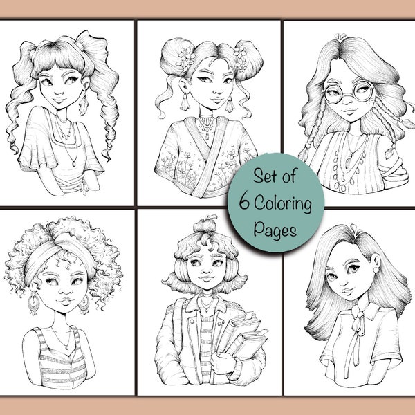 Girls Portrait Coloring Pages, Stylized Girl Portraits, Procreate, Letter Size