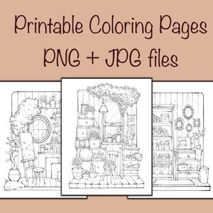 Páginas para colorear de interiores de taller, acogedor, plantas, habitación, muebles, Procreate, tamaño de letra Jpg Png, 3 páginas, Reydaprints