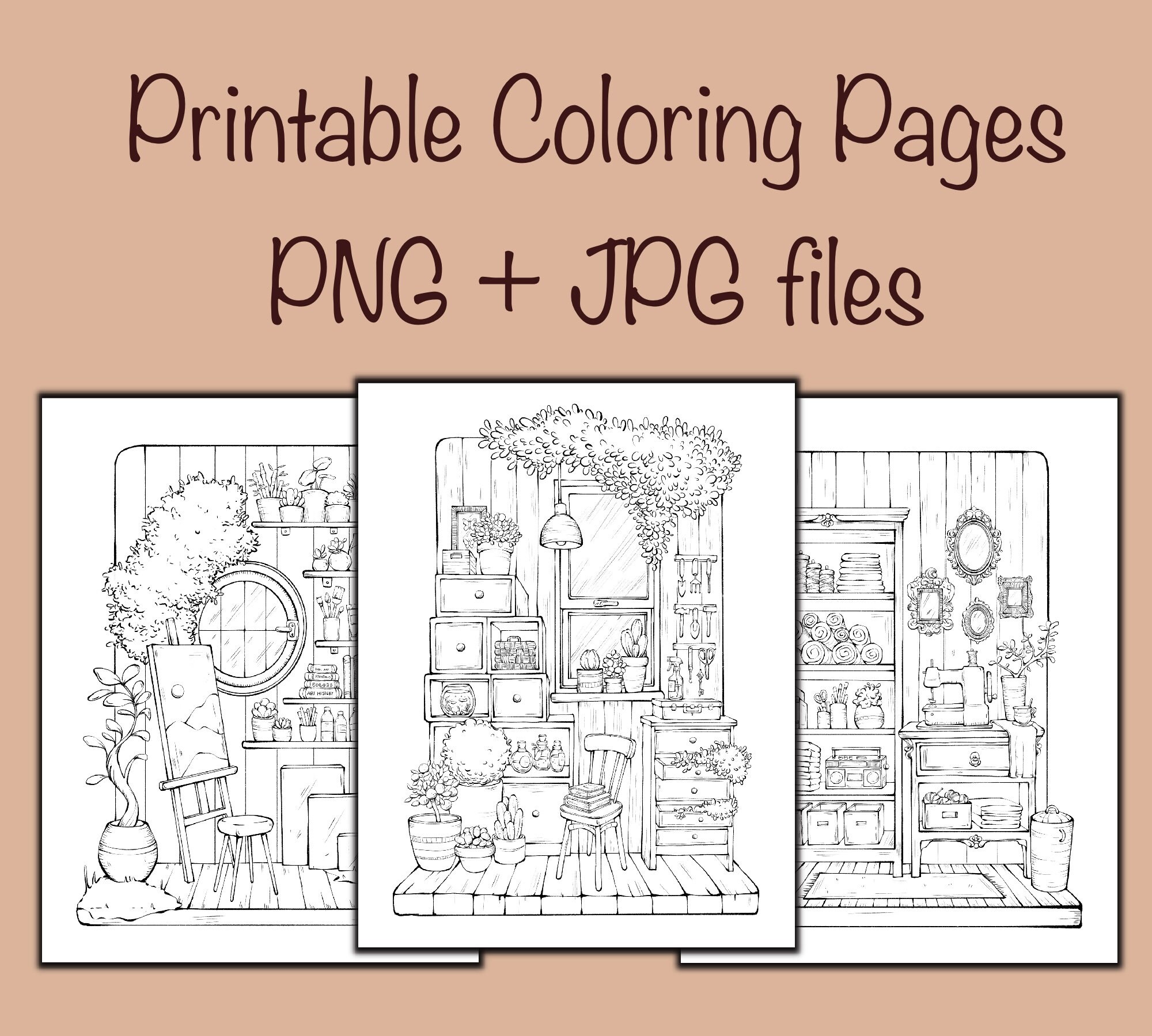 Set de páginas para colorear de interiores de atelier acogedor – Plantas, habitaciones y muebles (PNG para Procreate + JPG imprimible, tamaño Letter, 3 páginas) de Reydaprints