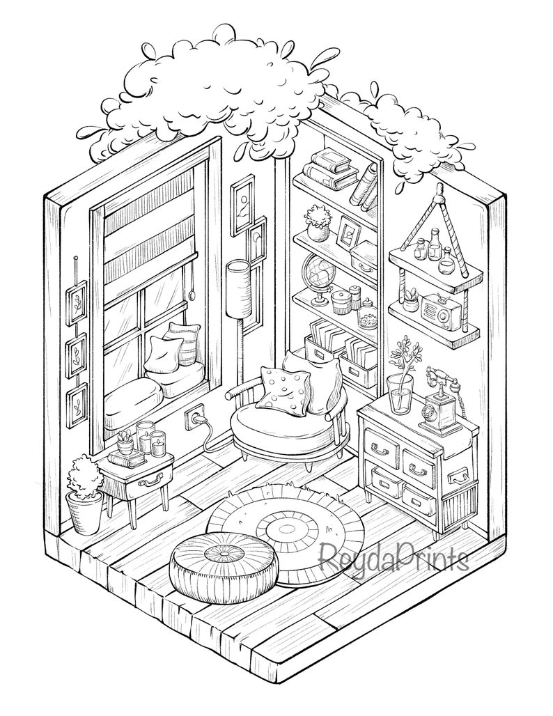 Interior Isometric Coloring Printables Cozy Living Room - Etsy
