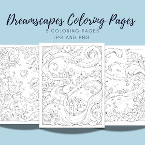 Dreamscapes Coloring Pages Printables, Fantasy, Whimsical, Houses, Birds, Procreate, ReydaPrints