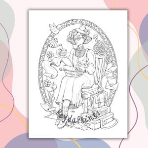 Puede incluir: Ilustraci&oacute;n en blanco y negro de una mujer sentada en un escritorio escribiendo en un diario. Lleva un vestido y un sombrero. Hay flores y libros a su alrededor. El texto "The Writer" es visible en el diario.
