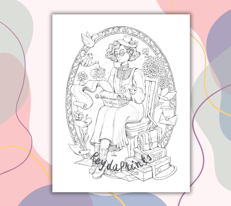 Puede incluir: Ilustraci&oacute;n en blanco y negro de una mujer sentada en un escritorio escribiendo en un diario. Lleva un vestido y un sombrero. Hay flores y libros a su alrededor. El texto "The Writer" es visible en el diario.