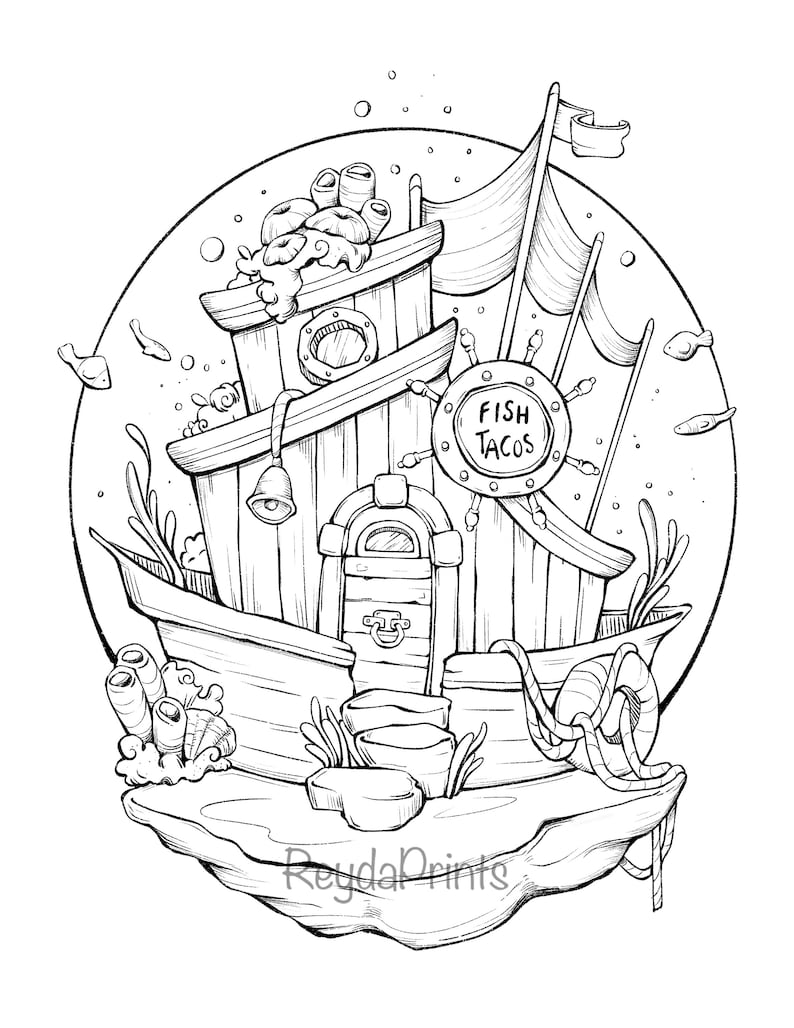 Peut inclure: Un dessin au trait noir et blanc d'un navire en bois avec une enseigne indiquant "Fish Tacos". Le navire est d&eacute;cor&eacute; de d&eacute;tails nautiques et est entour&eacute; d'algues et d'autres formes de vie marine.