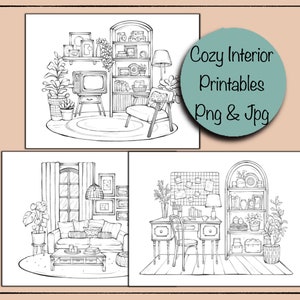 May include: Two black and white line drawings of cozy interior scenes. The first scene shows a living room with a couch, a coffee table, a lamp, and a window. The second scene shows a home office with a desk, a chair, a bookshelf, and a plant.