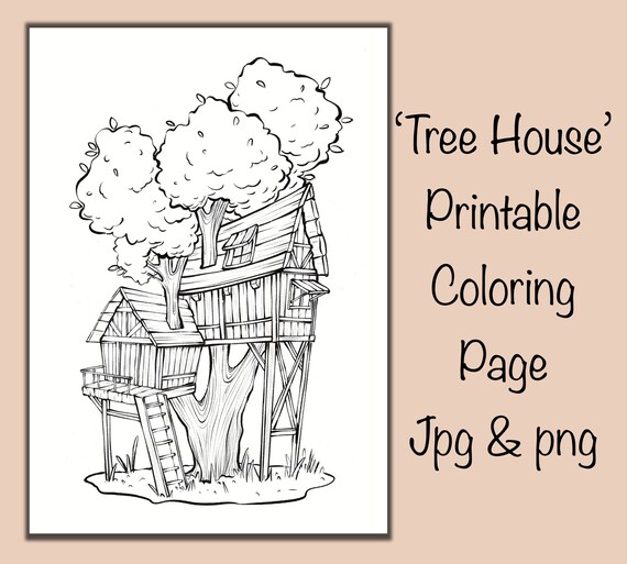 Cute Treehouse Printable Coloring Page Landscape Jpg and | Etsy