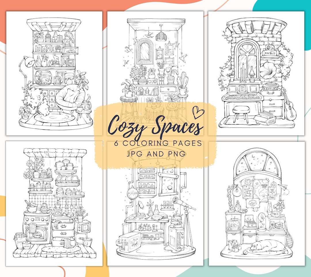 Cozy Spaces Interiors, Coloring Pages Printables, Rooms, Procreate, Png